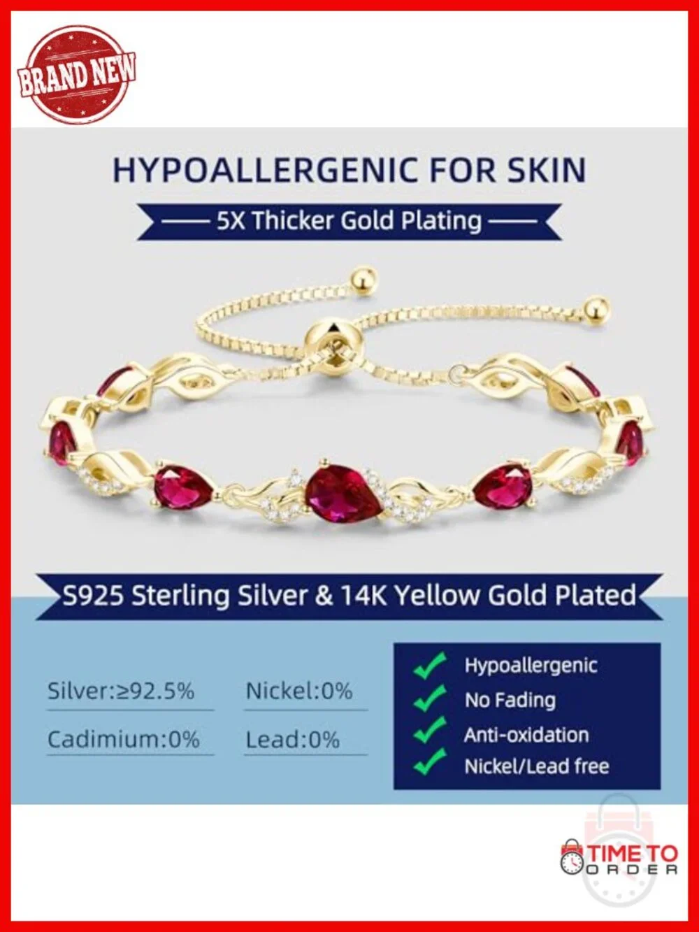14K Gold Plated Sterling Silver Adjustable Slider Tennis Bracelet Ruby Gemstone